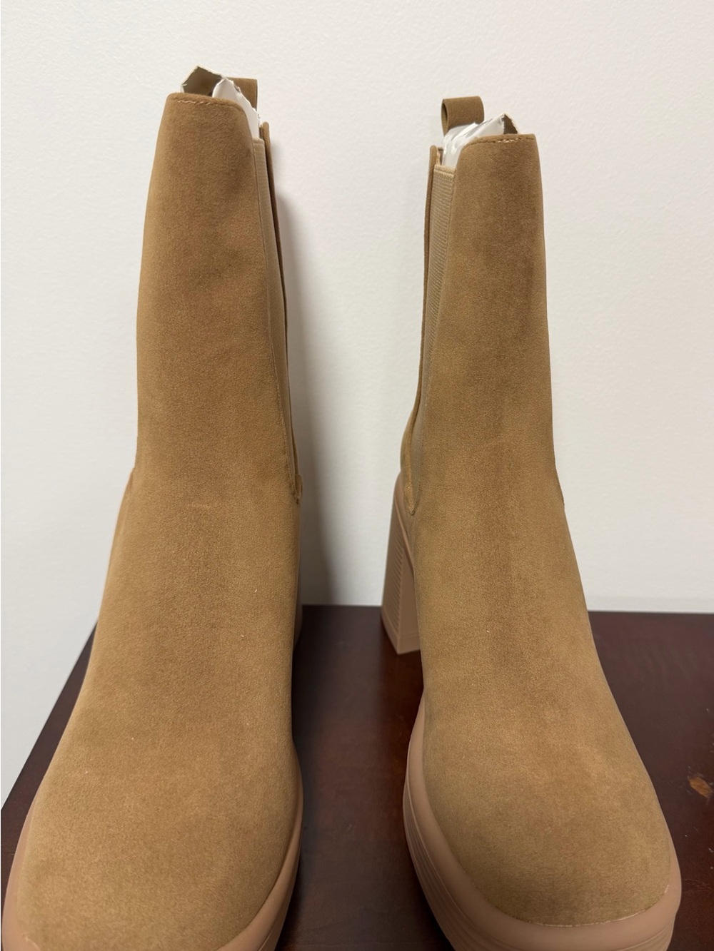 Shoe Dazzle Tan Suede Chelsea Block Heel Booties